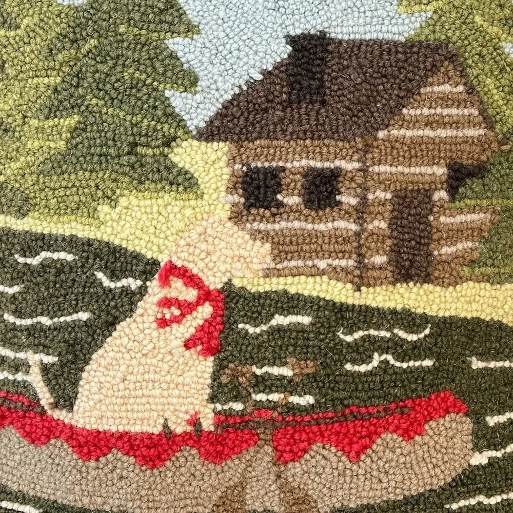 Hooked Wool Throw Pillow 14x14 Dog Canoe Lake House Cabin Trees Forest Classic